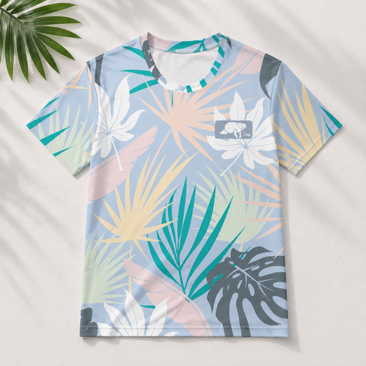 T-shirt with tropical leaf pattern on a light background