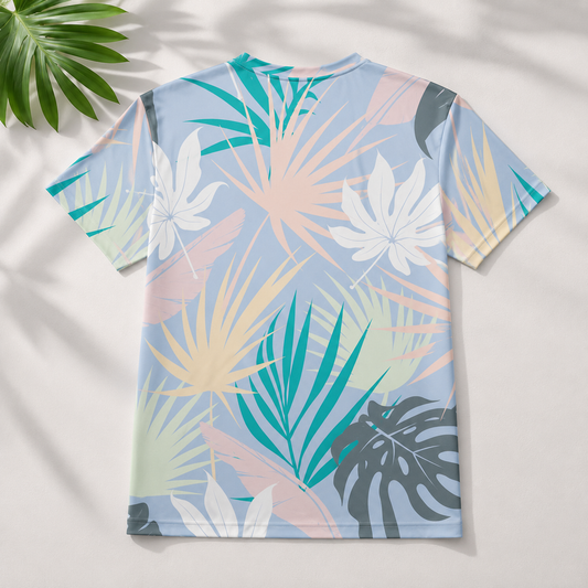 T-shirt with tropical leaf pattern on a light background