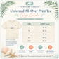 Size guide for 'Everything Manatee' Universal All-Over Print Tee with t-shirt illustration and measurement chart.