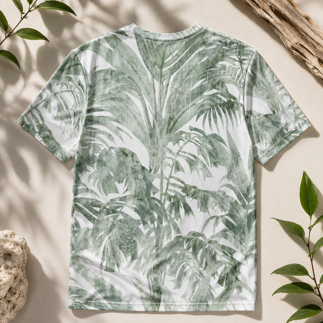 T-shirt with tropical leaf pattern on a beige surface with leaves and branches.