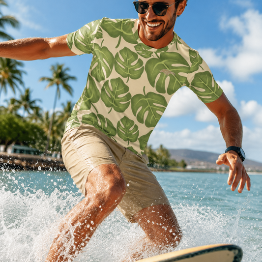 Man surfing in a tropical setting wearing a green leaf-patterned shirt.