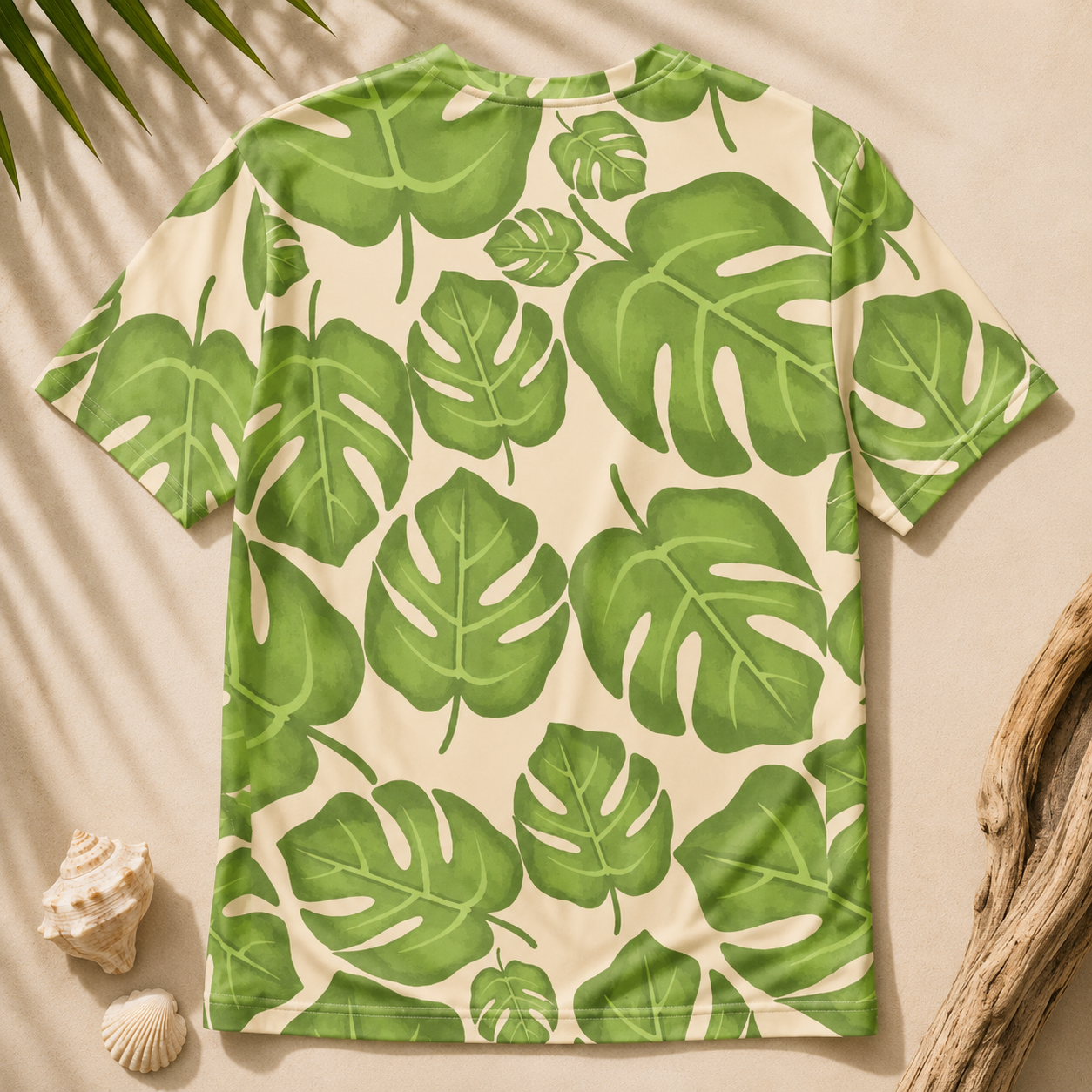 T-shirt with green leaf pattern on a beige background