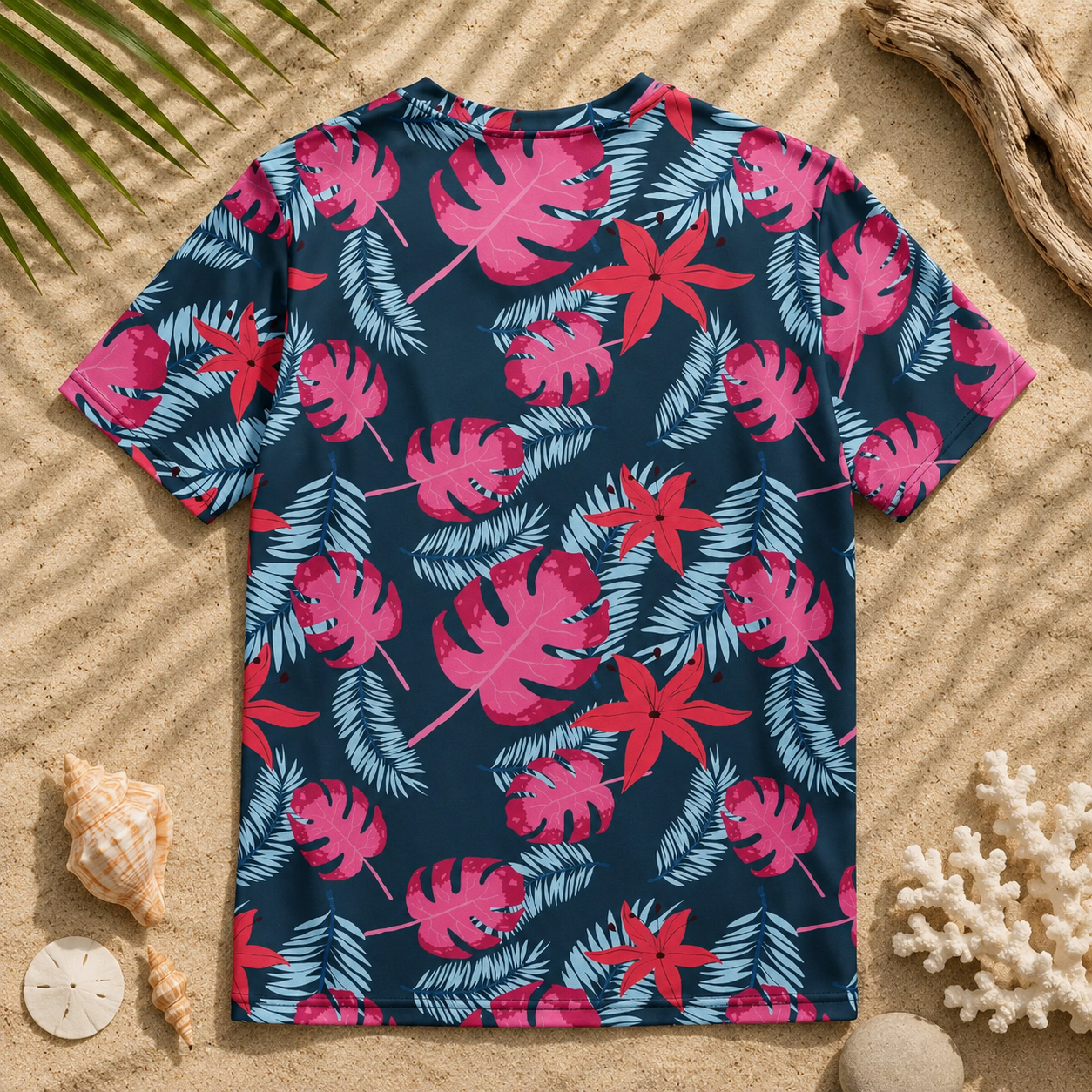 Tropical patterned shirt on sand with beach elements