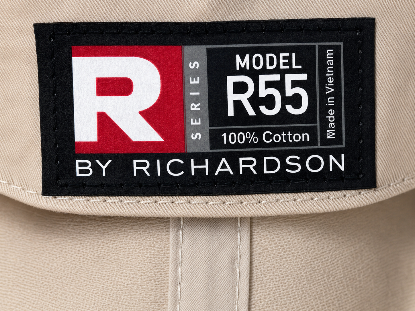 Label on a beige fabric product with 'R' series by Richardson branding.