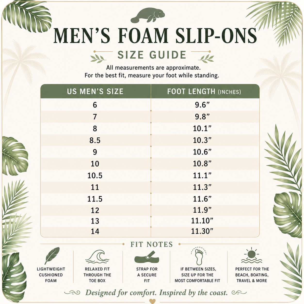 Men's foam slip-on size guide with leaf patterns on a beige background