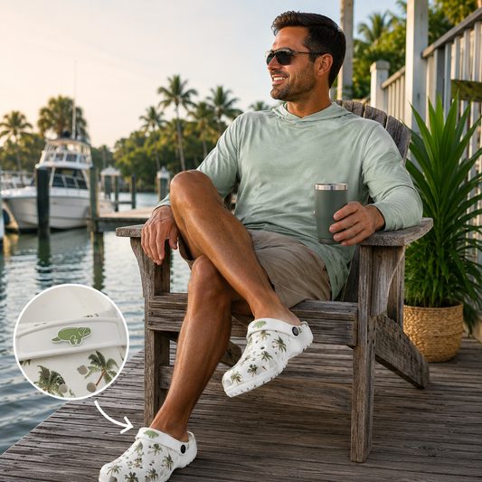 Man sitting on a wooden chair by a dock, wearing floral slippers and holding a cup.