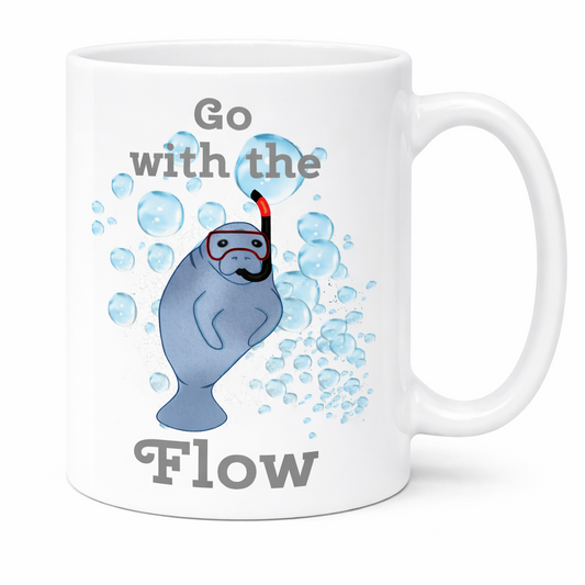 Mug with cartoon character and 'Go with the Flow' text on a white background