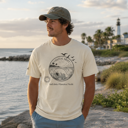 Man wearing a t-shirt with a bear graphic and text by the beach