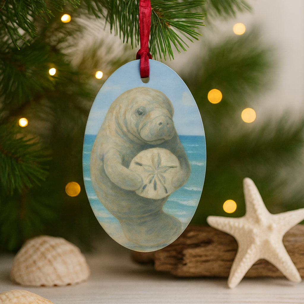 Coastal Manatee & Sand Dollar Wooden Ornament | Gallery Inspired Collection