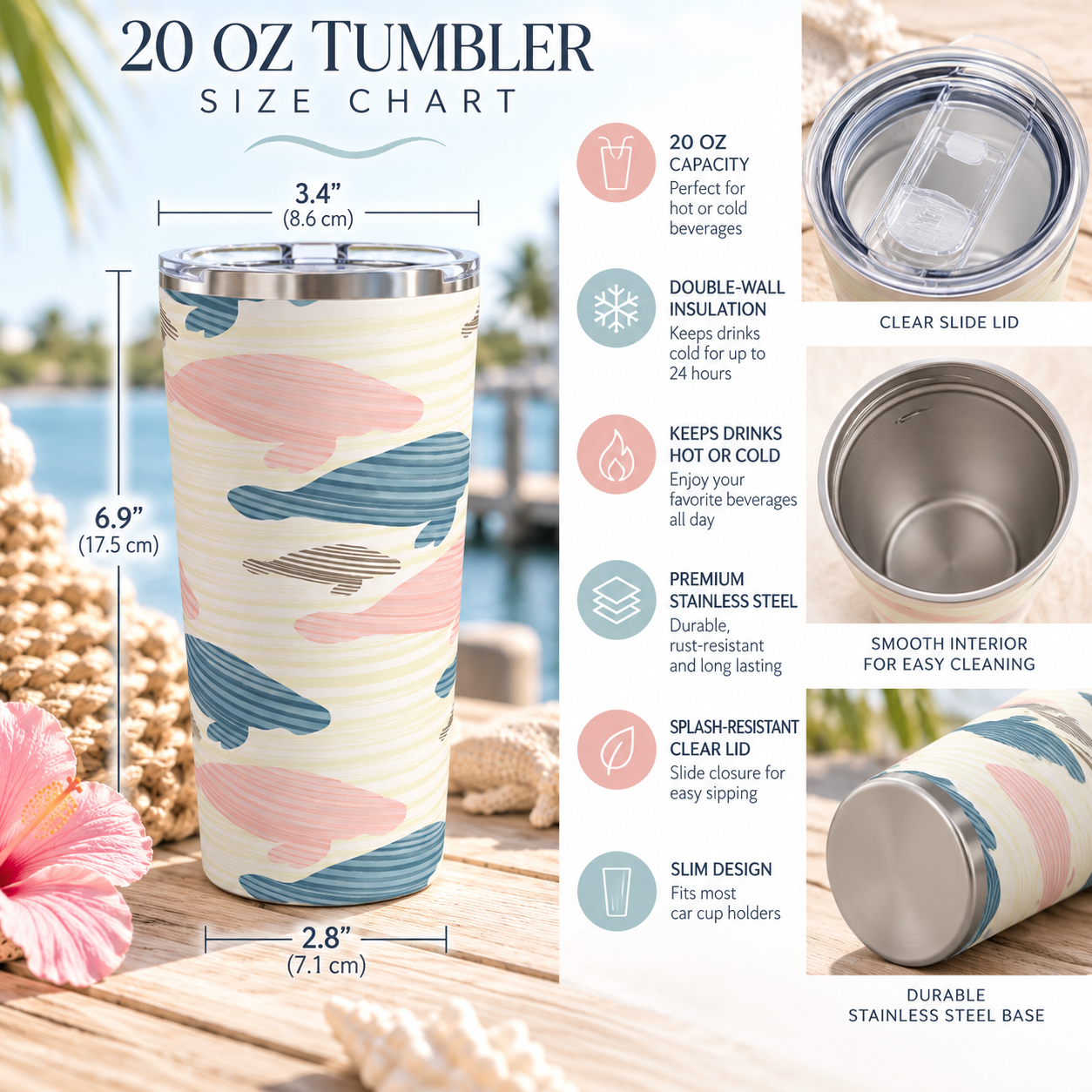 A 20 oz tumbler size chart graphic showing a stainless steel tumbler with a pastel pink, beige, and blue wave pattern. The graphic includes dimensions for the tumbler (3.