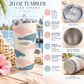 A 20 oz tumbler size chart graphic showing a stainless steel tumbler with a pastel pink, beige, and blue wave pattern. The graphic includes dimensions for the tumbler (3.