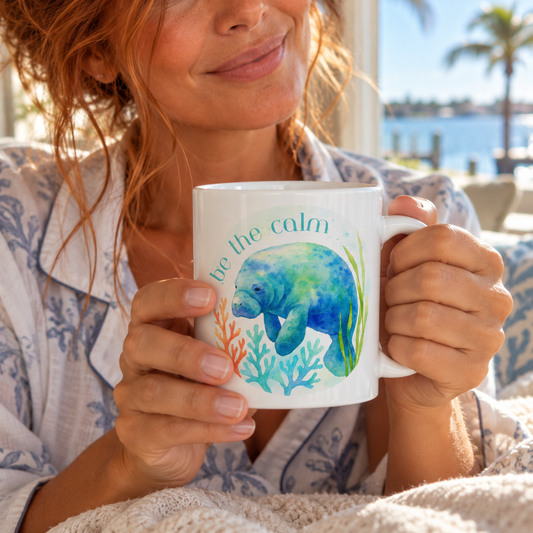 A woman in a blue patterned shirt holds a white ceramic mug with a watercolor illustration of a manatee and the text 'be the calm'. The background shows a sunny, relaxed outdoor patio setting with water and palm trees.