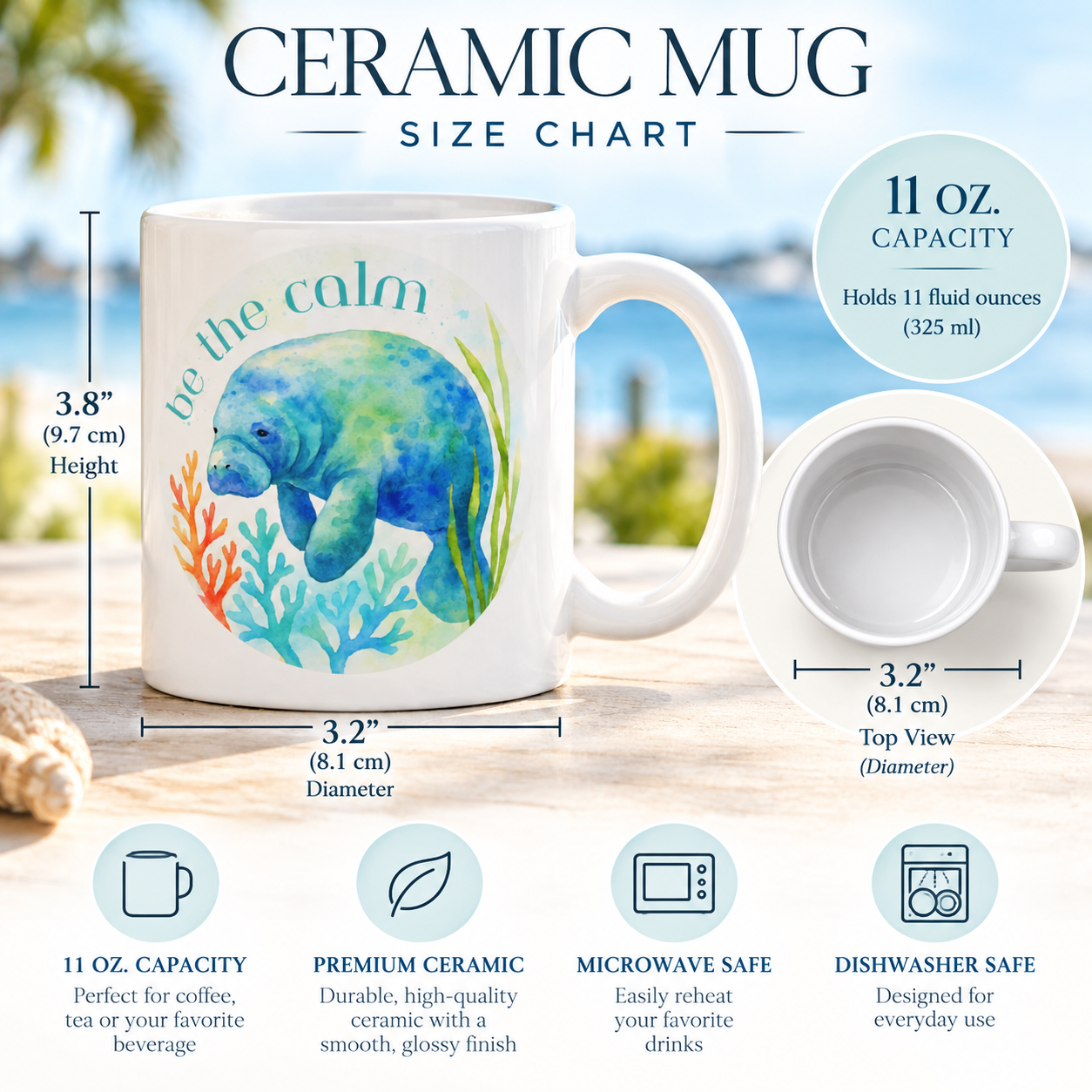 Ceramic mug size chart graphic showing a white mug with a blue manatee illustration and coral print, labeled 11 oz. capacity, with dimensions, top view, and feature callouts on a beach-themed background.