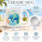 Ceramic mug size chart graphic showing a white mug with a blue manatee illustration and coral print, labeled 11 oz. capacity, with dimensions, top view, and feature callouts on a beach-themed background.