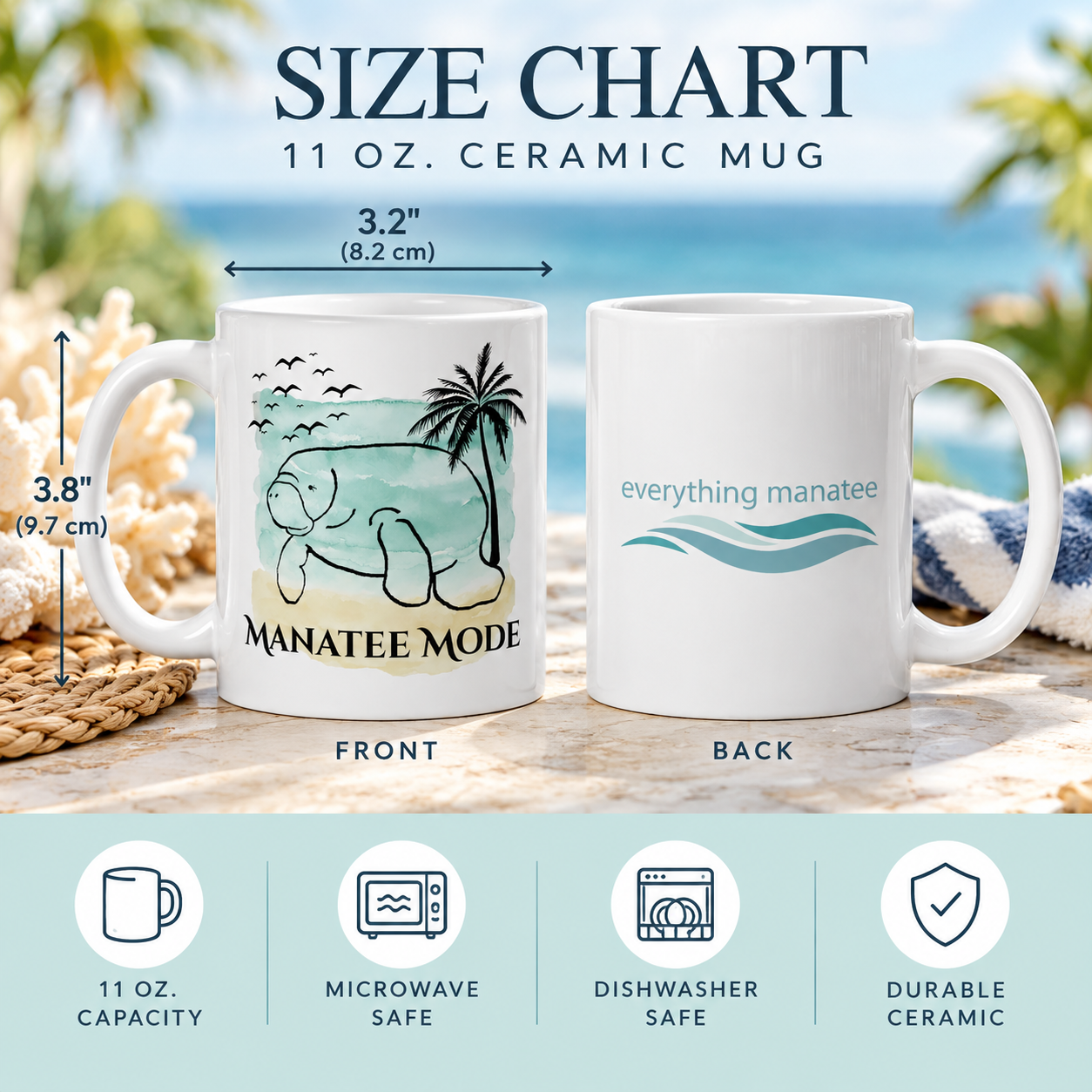 Size chart graphic for a 11 oz ceramic mug showing front and back views with dimensions labeled. The mugs are white with printed beach-themed designs, set against a tropical beach backdrop with coral and palm trees.