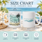 Size chart graphic for a 11 oz ceramic mug showing front and back views with dimensions labeled. The mugs are white with printed beach-themed designs, set against a tropical beach backdrop with coral and palm trees.