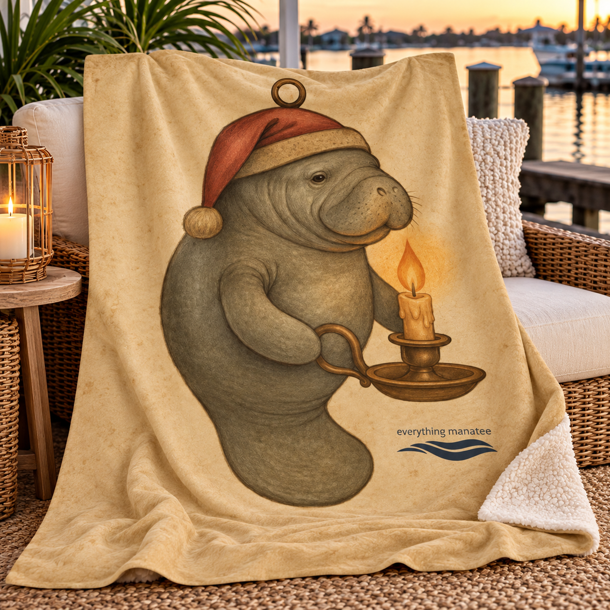 A beige fleece throw blanket draped over a wicker patio chair, featuring a printed illustration of a manatee wearing a Santa hat and holding a candle. The blanket has a visible 'everything manatee' logo near the bottom right of the print.