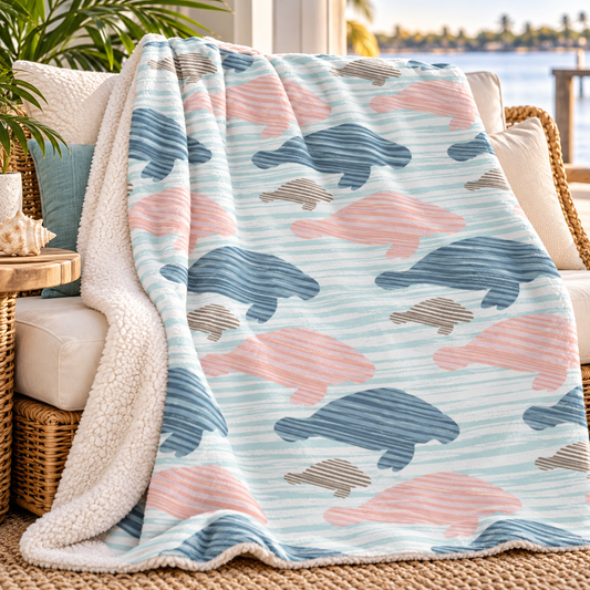 A soft fleece throw blanket draped over a wicker armchair in a bright indoor setting. The blanket has a nautical pattern with stylized blue and pink whales on a light blue striped background, with a thick cream sherpa lining visible on the reverse side.
