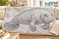 A fleece throw blanket draped over a beige sofa in a bright living room, featuring a large gray pencil-style sketch of a manatee on a light gray and white marbled background.