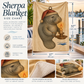 A size chart and product display for a Sherpa blanket featuring a manatee wearing a Santa hat and holding a candle. The main panel shows the blanket with printed dimensions (57 x 37 inches), and surrounding panels show close-ups of the soft fleece texture and folded presentation.