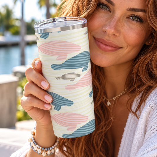 A woman holds a tall insulated tumbler with a clear lid. The tumbler has a cream background with abstract wavy stripes in dusty pink, slate blue, and light gray.