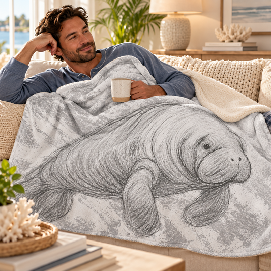 A man relaxes on a couch in a living room, covered with a soft blanket featuring a detailed grayscale sketch of a manatee. The scene includes a lamp, framed art, and home decor in a warm, cozy setting.