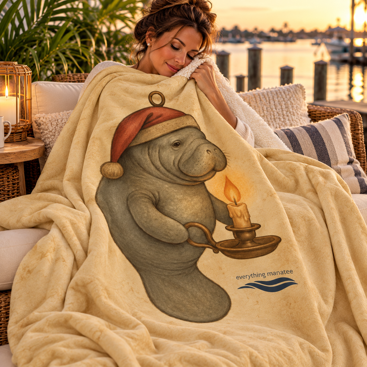 A woman sits on a couch outdoors by the water at sunset, wrapped in a cream-colored blanket featuring a cartoon manatee wearing a Santa hat and holding a candle. The blanket has the text 'everything manatee' and a blue wave logo near the bottom right.