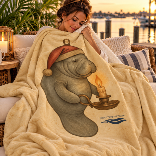 A woman sits on a couch outdoors by the water at sunset, wrapped in a cream-colored blanket featuring a cartoon manatee wearing a Santa hat and holding a candle. The blanket has the text 'everything manatee' and a blue wave logo near the bottom right.