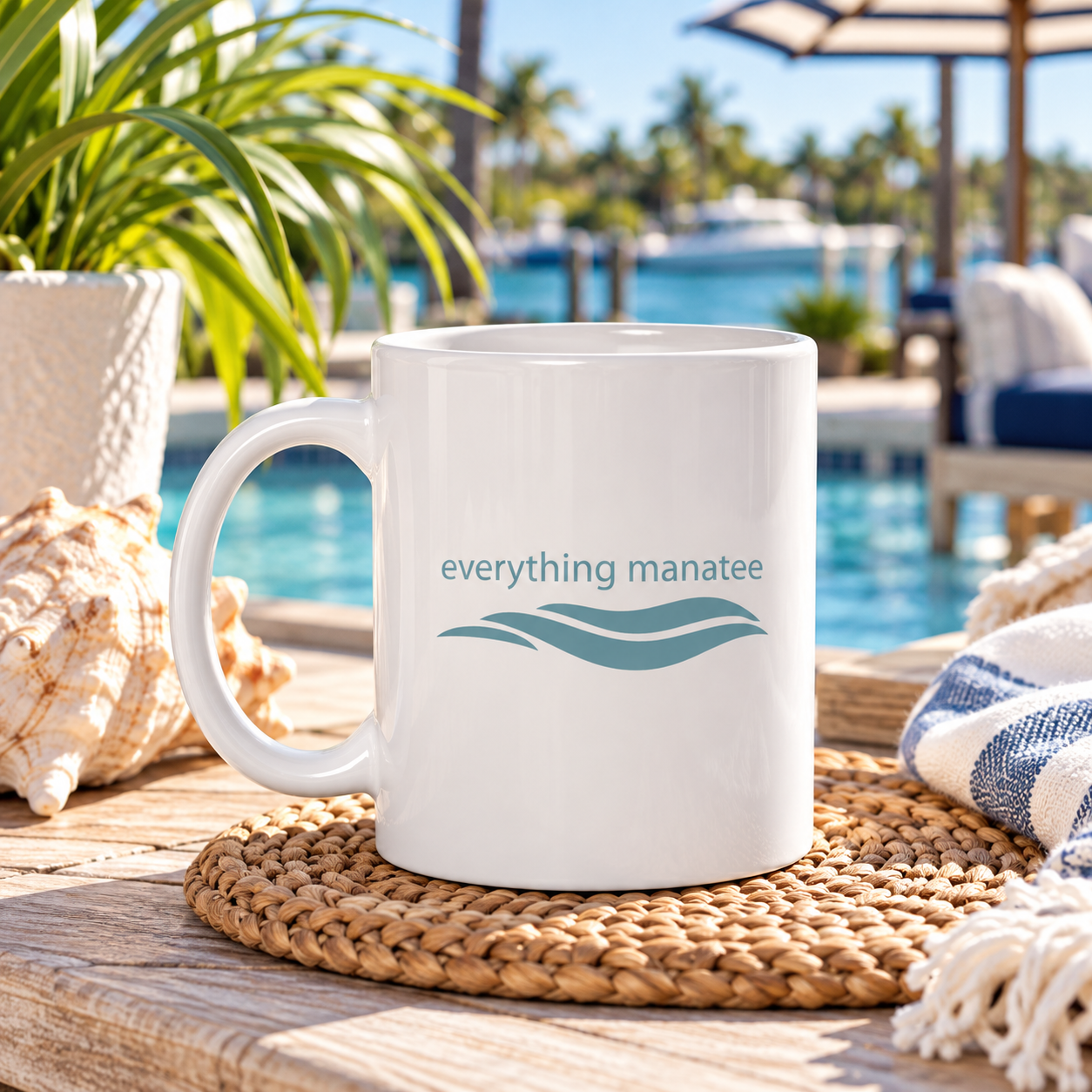 A white ceramic mug with the text 'everything manatee' and a teal wave graphic sits on a woven placemat by a poolside table. The background shows a tropical resort setting with palm trees, blue water, and lounge chairs.