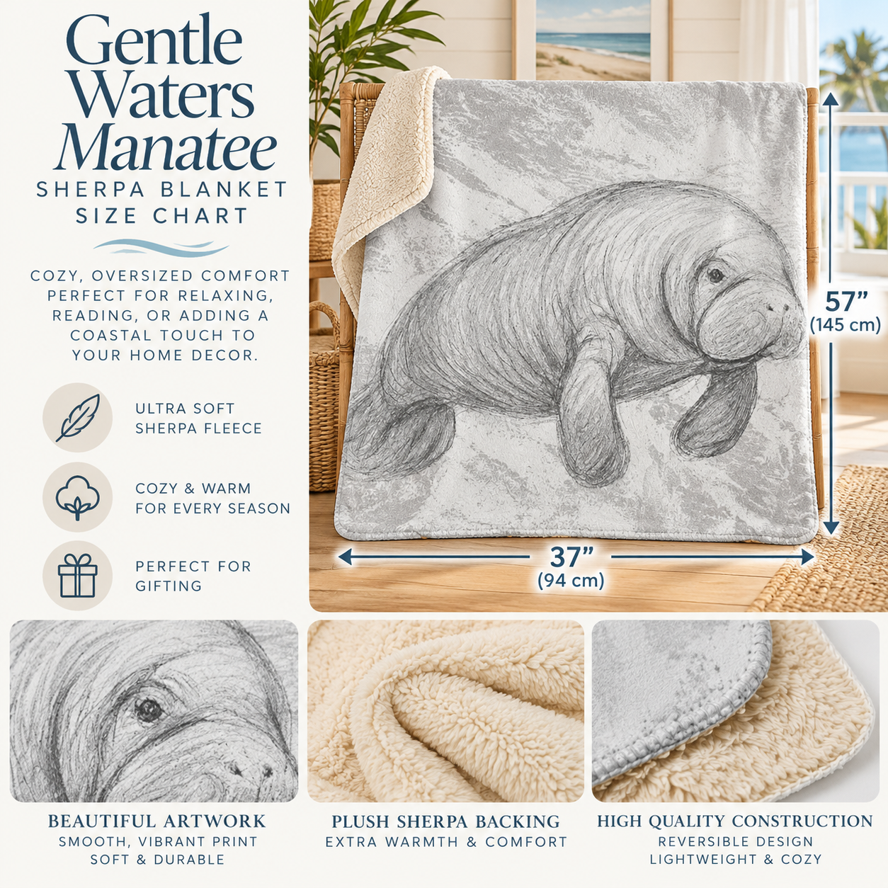 Size chart and feature collage for the Gentle Waters Manatee sherpa blanket. The main panel shows the blanket draped over a chair with printed manatee artwork, dimension arrows marking 57 x 37 inches, and text describing ultra soft sherpa fleece, cozy warm season-appropriate comfort, beautiful artwork, plush backing, and high quality construction.