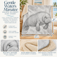 Size chart and feature collage for the Gentle Waters Manatee sherpa blanket. The main panel shows the blanket draped over a chair with printed manatee artwork, dimension arrows marking 57 x 37 inches, and text describing ultra soft sherpa fleece, cozy warm season-appropriate comfort, beautiful artwork, plush backing, and high quality construction.
