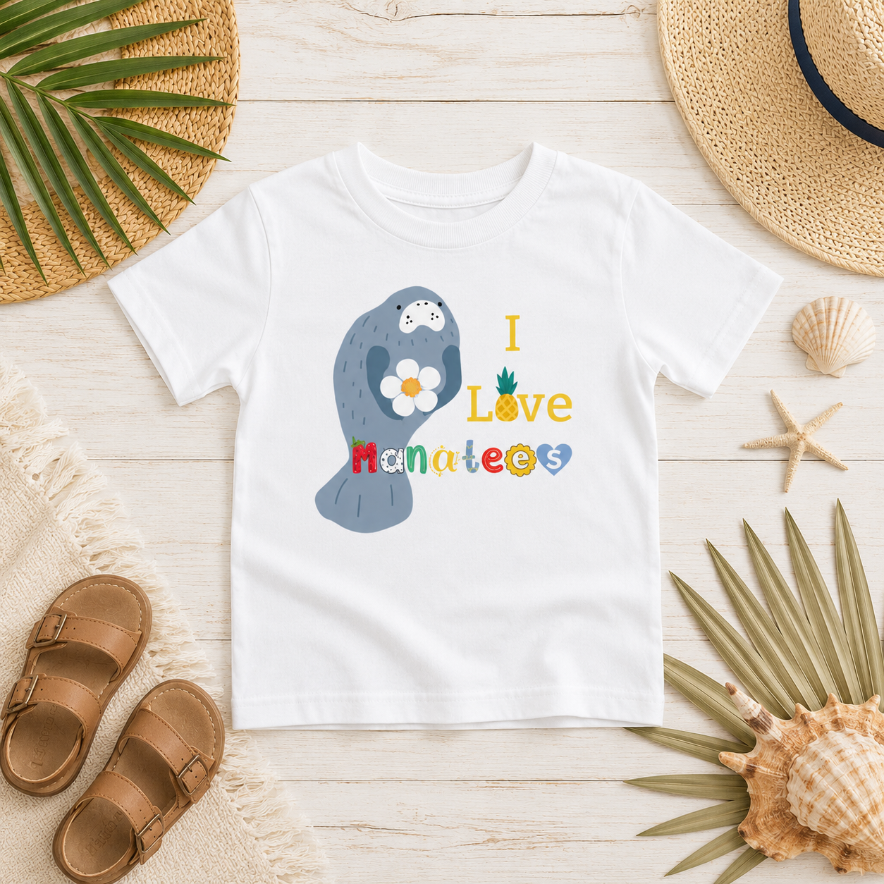 A white kids' t-shirt with a colorful graphic of a manatee holding a daisy and the text 'I Love Hanape'eos', styled in a flat-lay with beach-themed props like sandals, a straw hat, and seashells on a light wood background.
