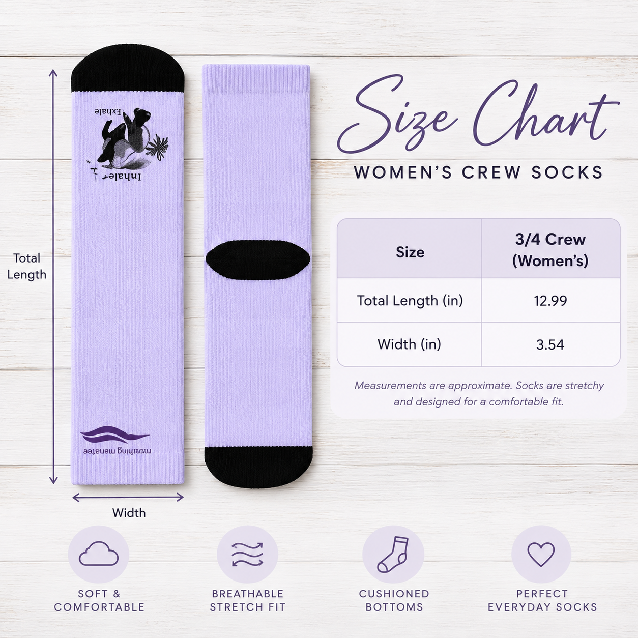 A size chart graphic for women's crew socks showing two lavender socks with black toe and cuff sections, alongside a size table and feature icons on a light wood background.