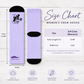 A size chart graphic for women's crew socks showing two lavender socks with black toe and cuff sections, alongside a size table and feature icons on a light wood background.
