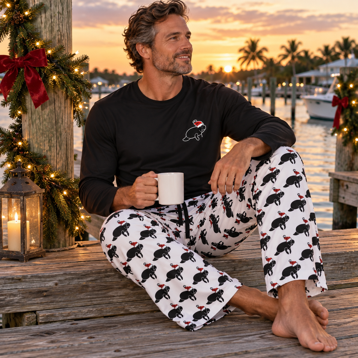 A man sits barefoot on a wooden dock at sunset wearing a black long-sleeve shirt and white pajama pants printed with black cats wearing red Santa hats. The background shows a marina with boats and palm trees at sunset, and the dock is decorated with Christmas garlands and a lantern.
