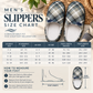 Men's slippers size chart graphic with a plaid slipper shown at the top, a measurement table across the center, and foot-length instructions at the bottom on a styled beige background.