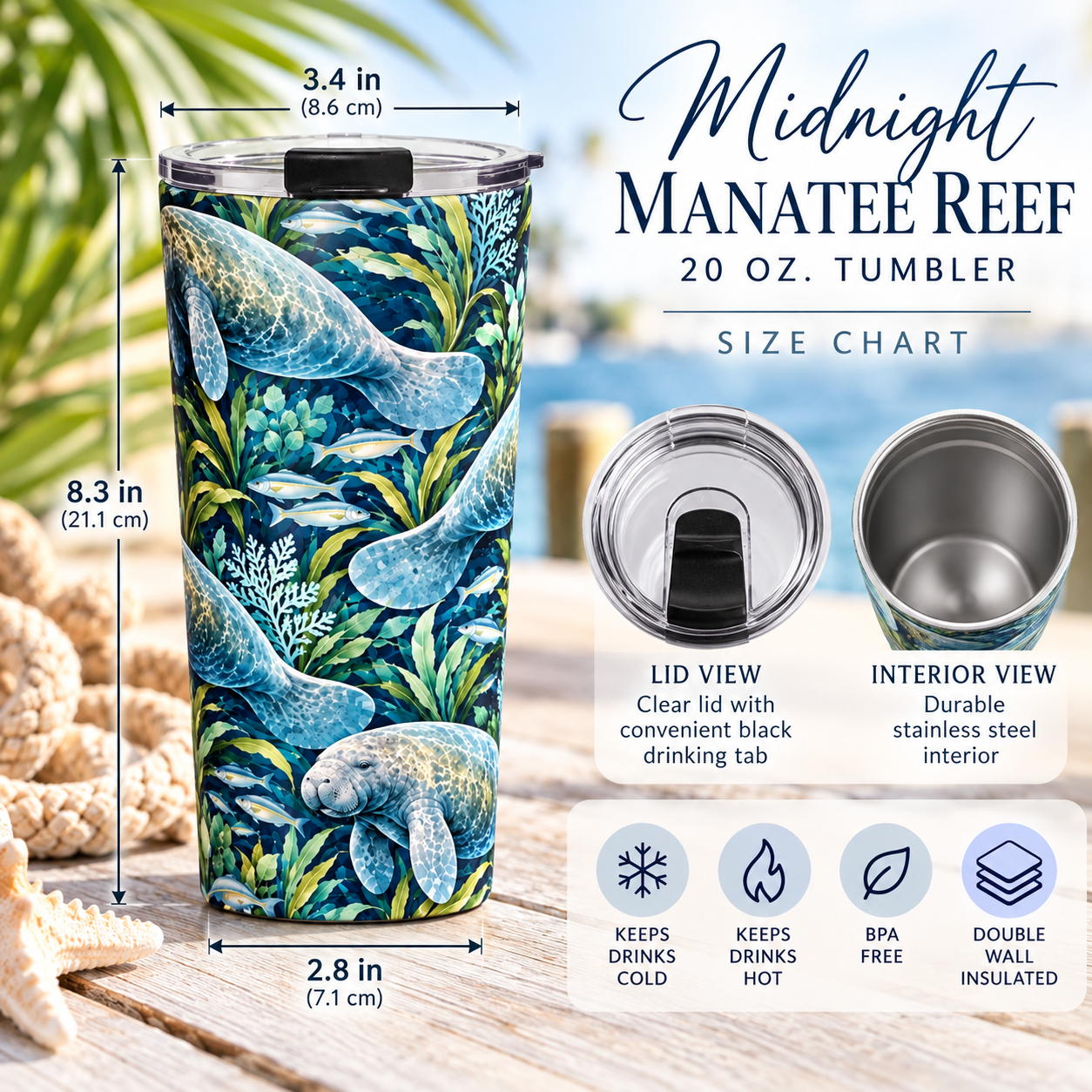 A 20 oz insulated tumbler with a turtle-and-sea-plant print, shown with overlaid dimensions and feature callouts. The tumbler has a clear lid with a black tab and a stainless steel interior.