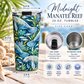 A 20 oz insulated tumbler with a turtle-and-sea-plant print, shown with overlaid dimensions and feature callouts. The tumbler has a clear lid with a black tab and a stainless steel interior.