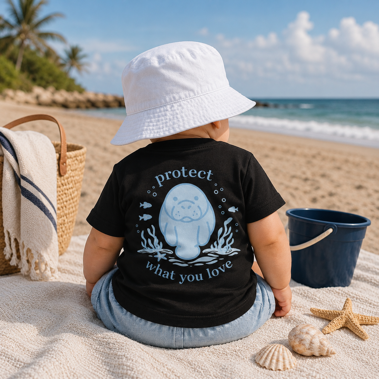 A baby sitting on a sandy beach facing away from the camera, wearing a black t-shirt with a light blue sea otter graphic and the text 'protect what you love', a white bucket hat, and light blue jeans. A woven basket with a striped towel, a blue bucket, and seashells are nearby, with the ocean and palm trees in the background.