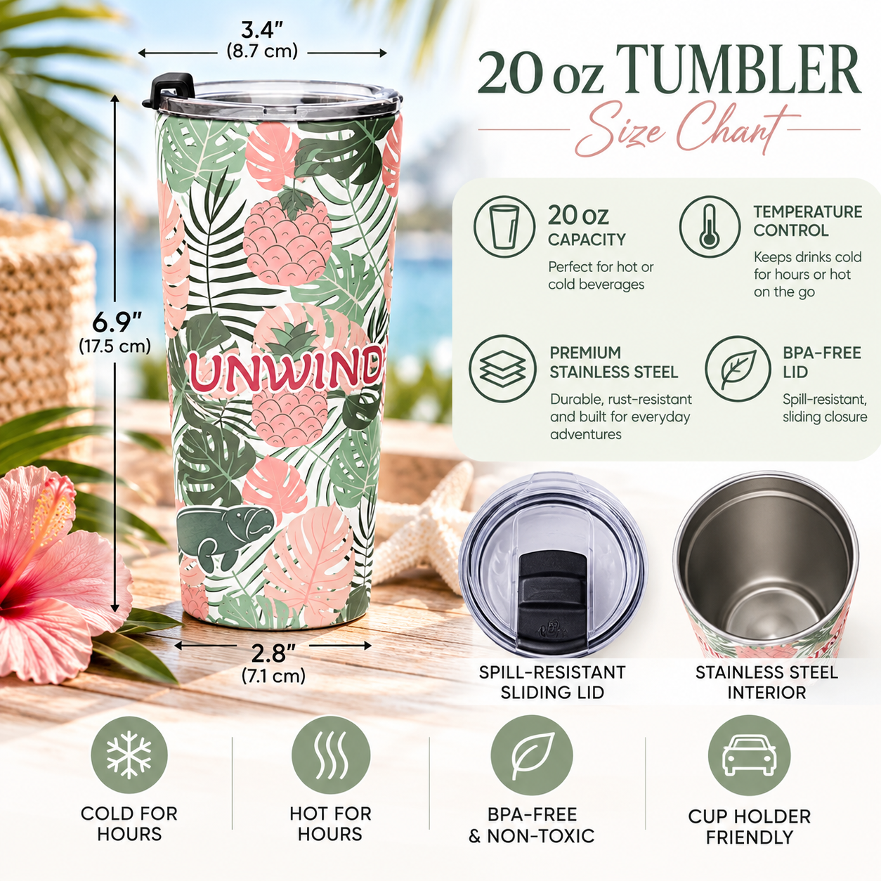 Tropical Leaf Manatee Tumbler Stainless Steel