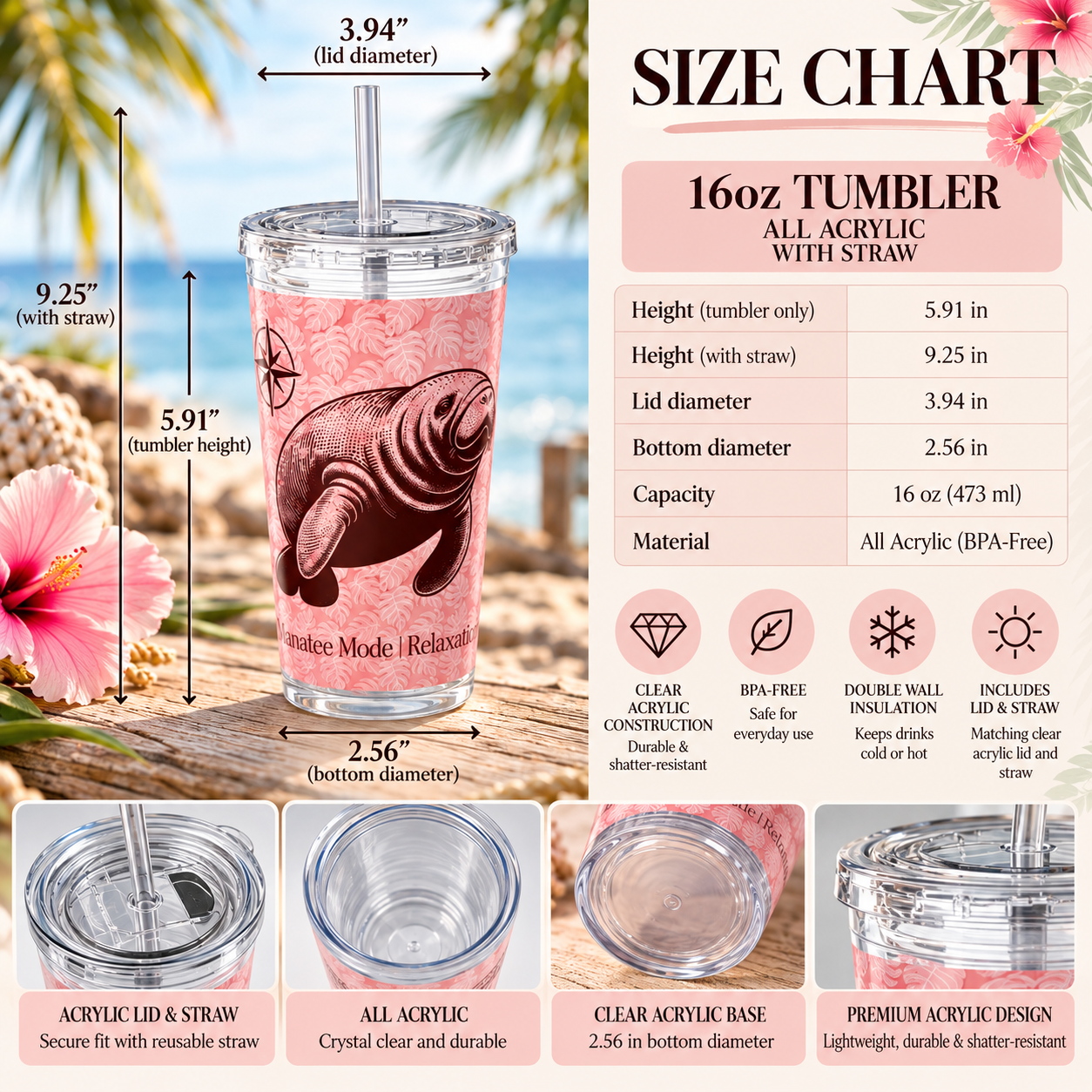 A size chart infographic for a 16oz acrylic tumbler with a straw. The left side shows the tumbler with dimension arrows indicating height, lid diameter, and bottom diameter, alongside a tropical beach background.