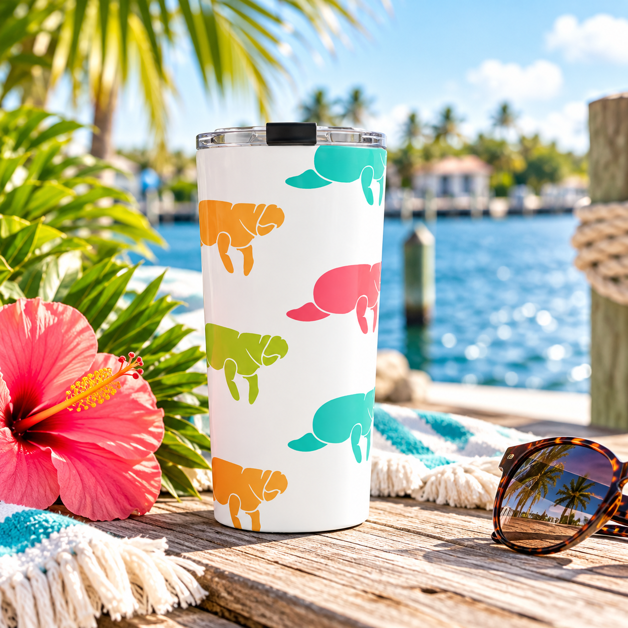 A white insulated tumbler with a lid sits on a wooden dock by the water, decorated with colorful manatee silhouettes. Tropical plants, a pink hibiscus flower, sunglasses, and a blue-and-white fringed towel are around it, with a sunny outdoor waterfront scene in the background.