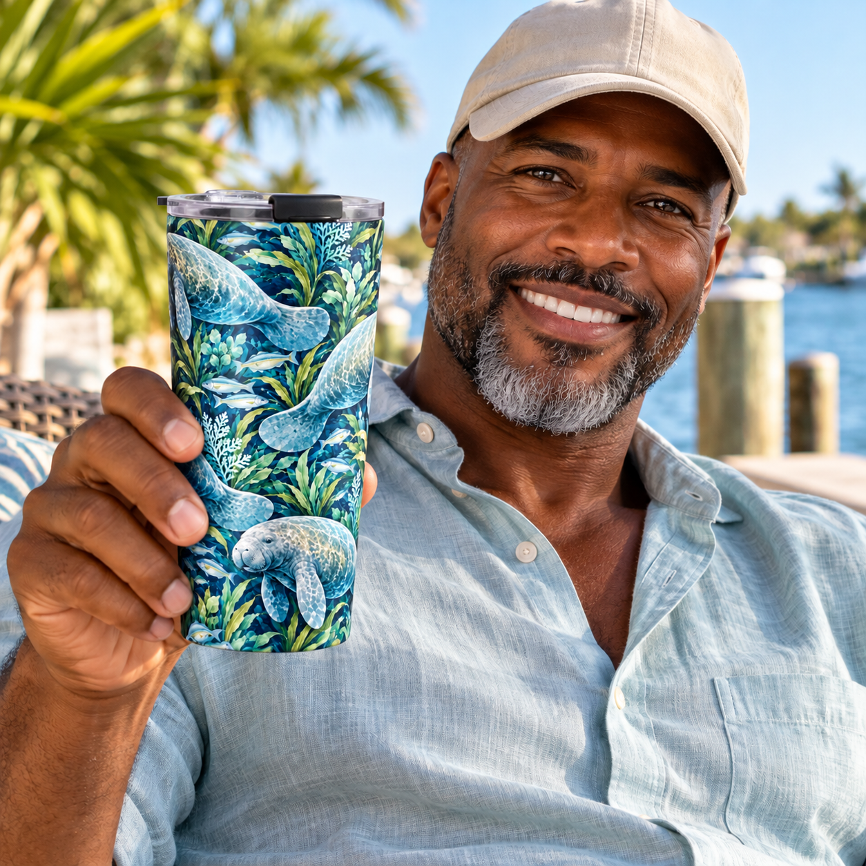 A smiling man in a light blue shirt and beige cap holds up a travel tumbler with a blue and green manatee pattern against a sunny outdoor waterfront background.