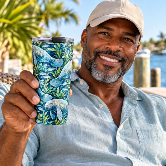 A smiling man in a light blue shirt and beige cap holds up a travel tumbler with a blue and green manatee pattern against a sunny outdoor waterfront background.
