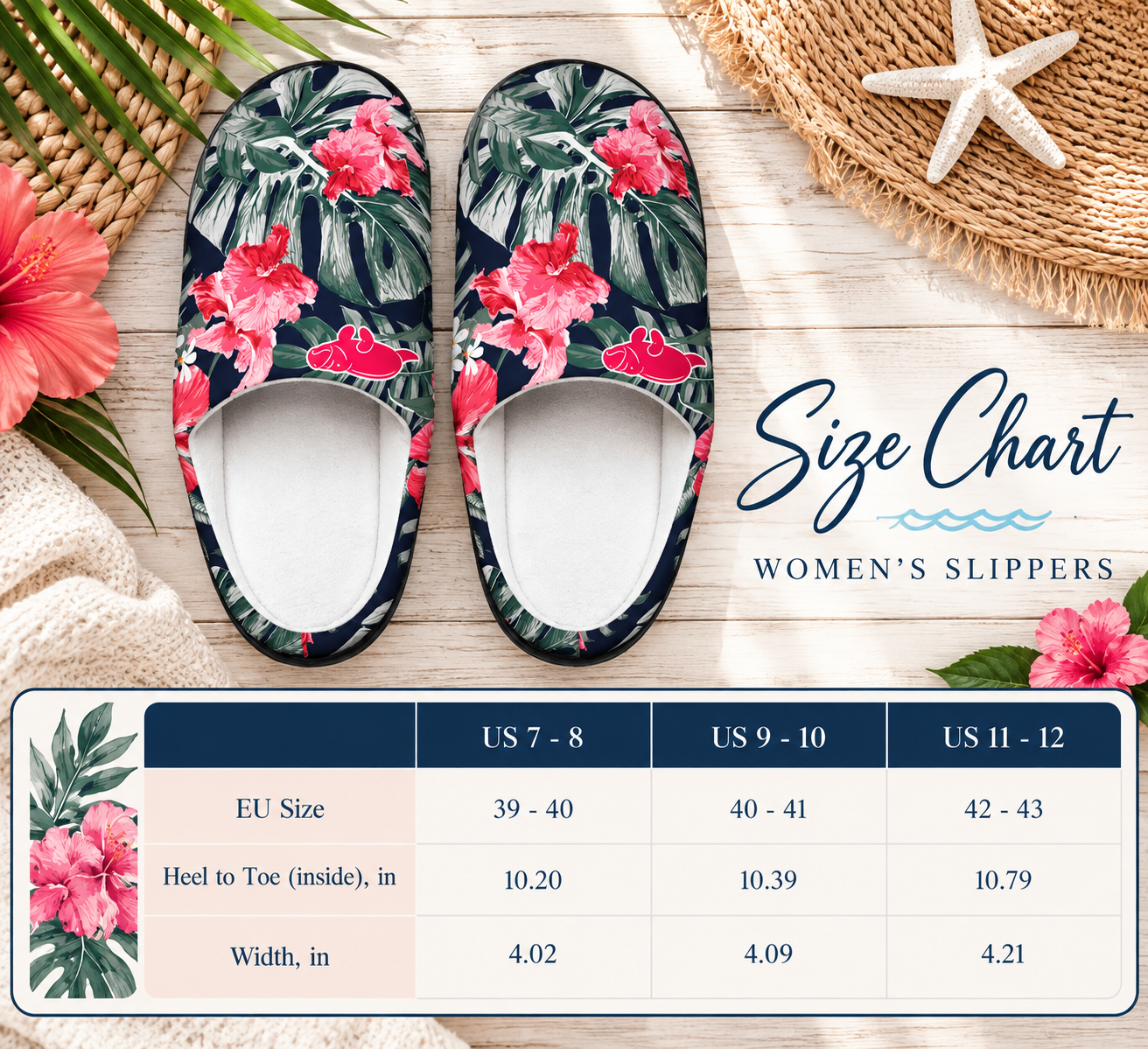 A size chart graphic for women's slippers, showing a pair of floral slipper tops above a size table. The slippers have a navy blue tropical leaf pattern with pink hibiscus flowers.