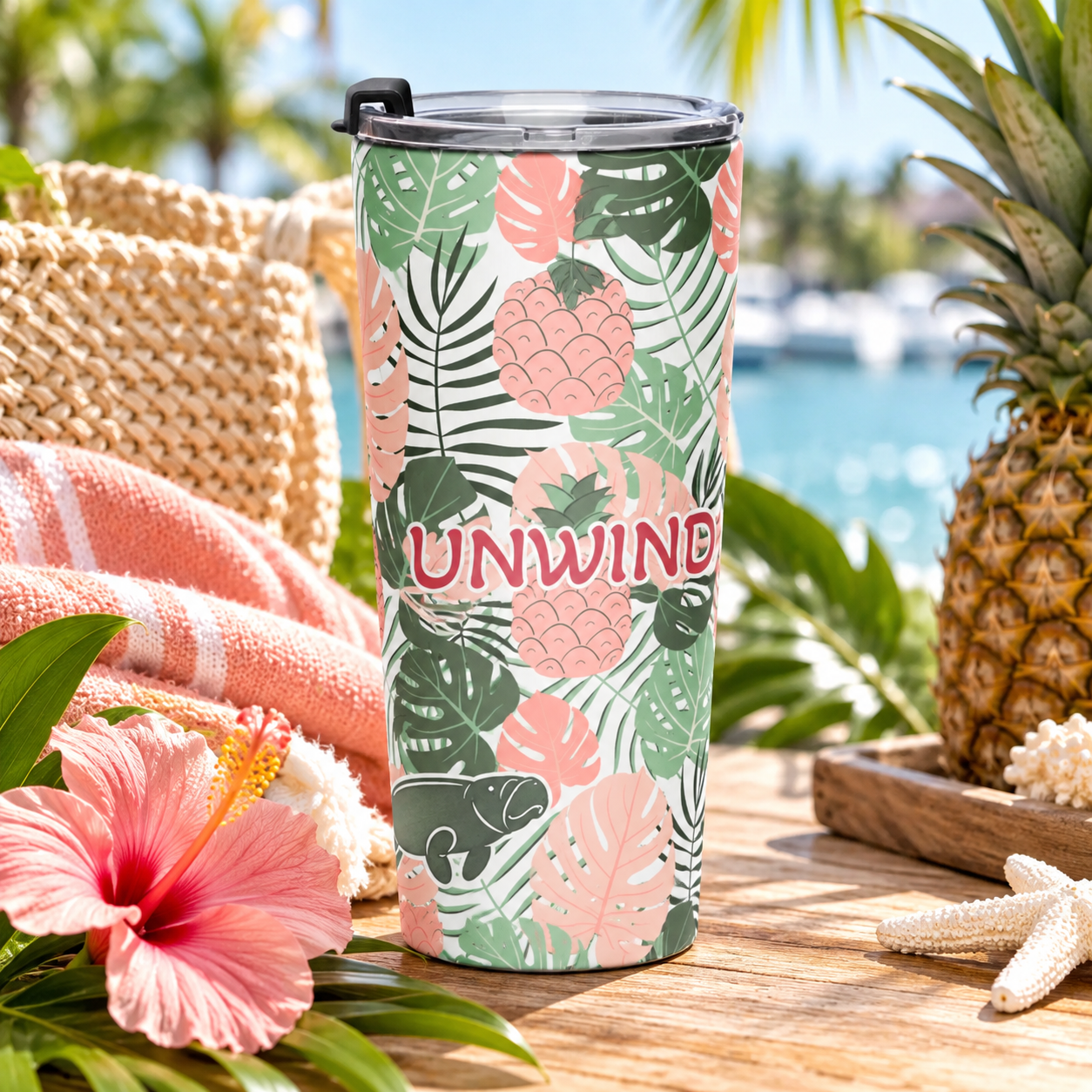 Tropical Leaf Manatee Tumbler Stainless Steel