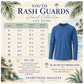Youth rash guard size guide with a blue shirt on a beach-themed background