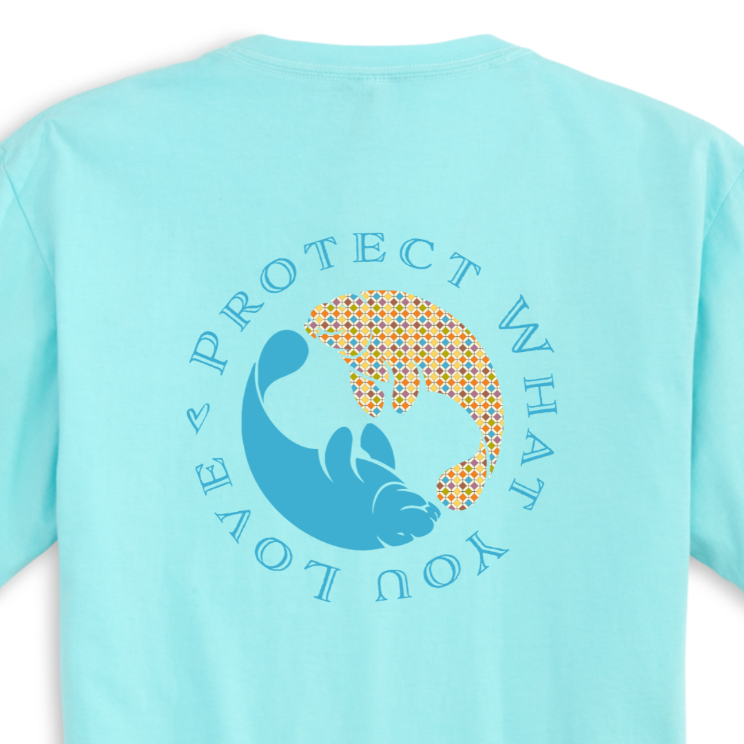 A close-up view of the back print of the Aqua Twin Manatee Pocket T-Shirt, showing a playful and charming design of two manatees swimming in a circle, surrounded by waves and bubbles.