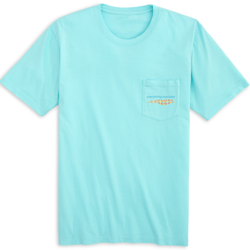 A front view of the Aqua Twin Manatee Pocket T-Shirt, featuring a relaxed fit with a simple yet stylish design, a subtle pocket on the left chest, and a vibrant aqua color.