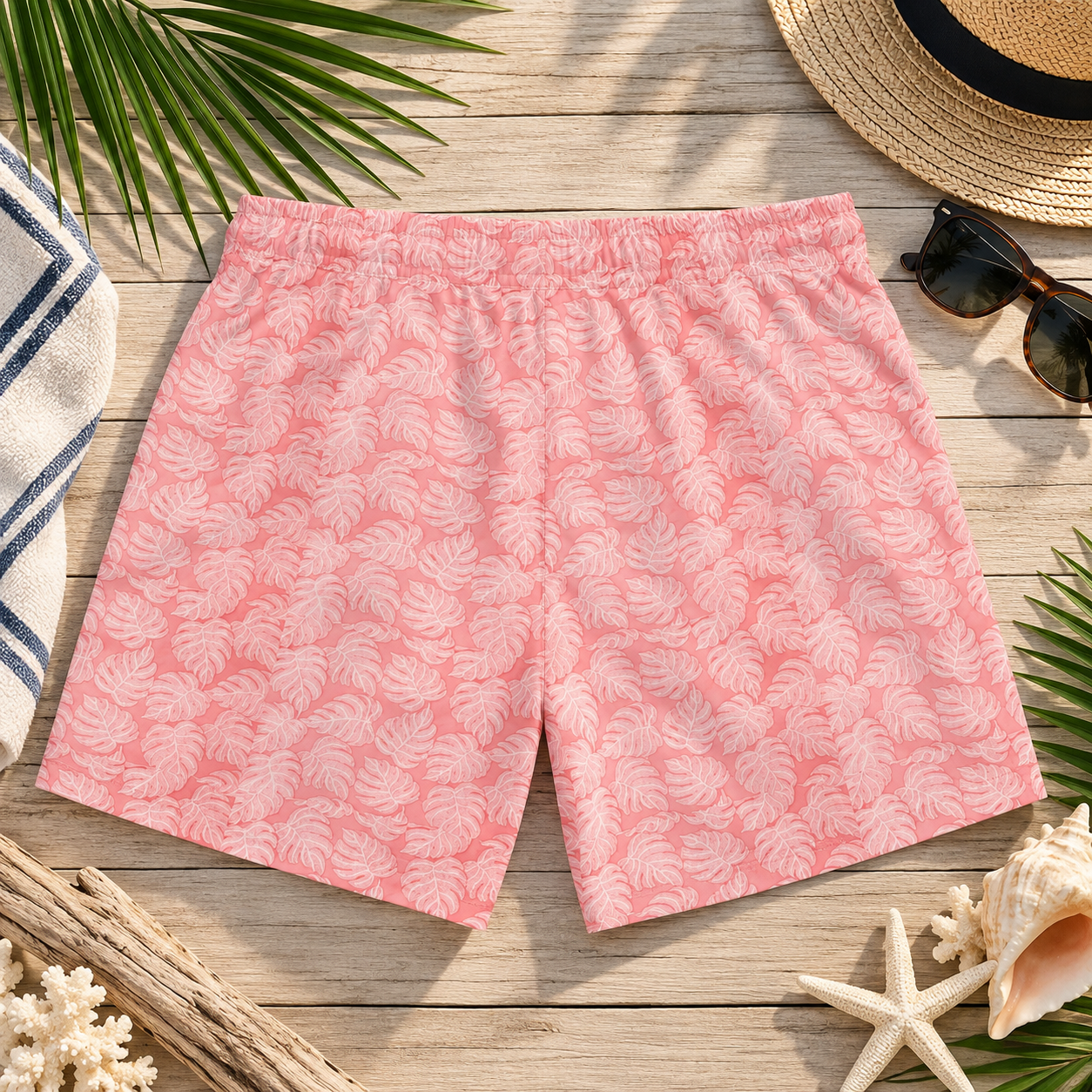 Pink swim trunks with a white palm leaf pattern, laid flat on a wooden surface surrounded by beach-themed props including sunglasses, a straw hat, a towel, and seashells.